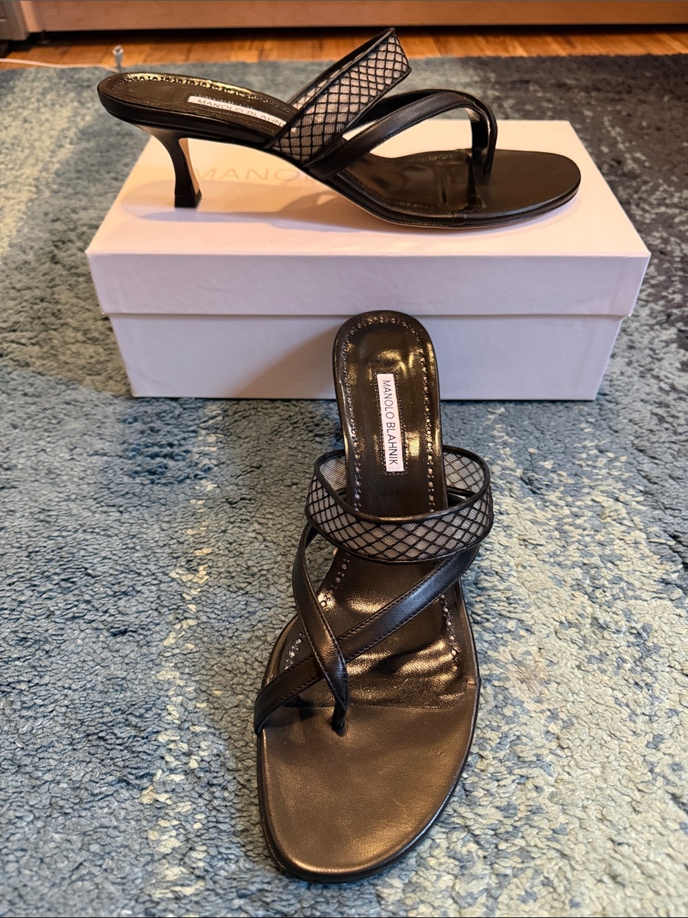 Manolo Blahnik Black Mesh Strap Kitten Heel Mules